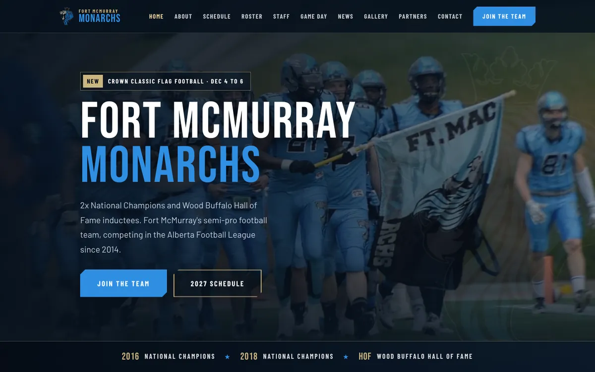 Homepage of ftmonarchsfootball.com, the Fort McMurray Monarchs football team website built by OnePoint