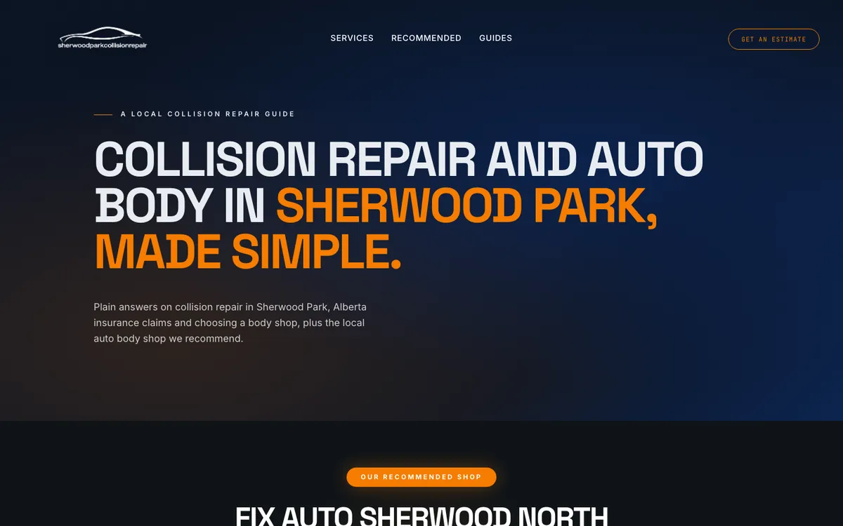 Homepage of sherwoodparkcollisionrepair.ca, a Sherwood Park auto body and collision repair guide website built by OnePoint