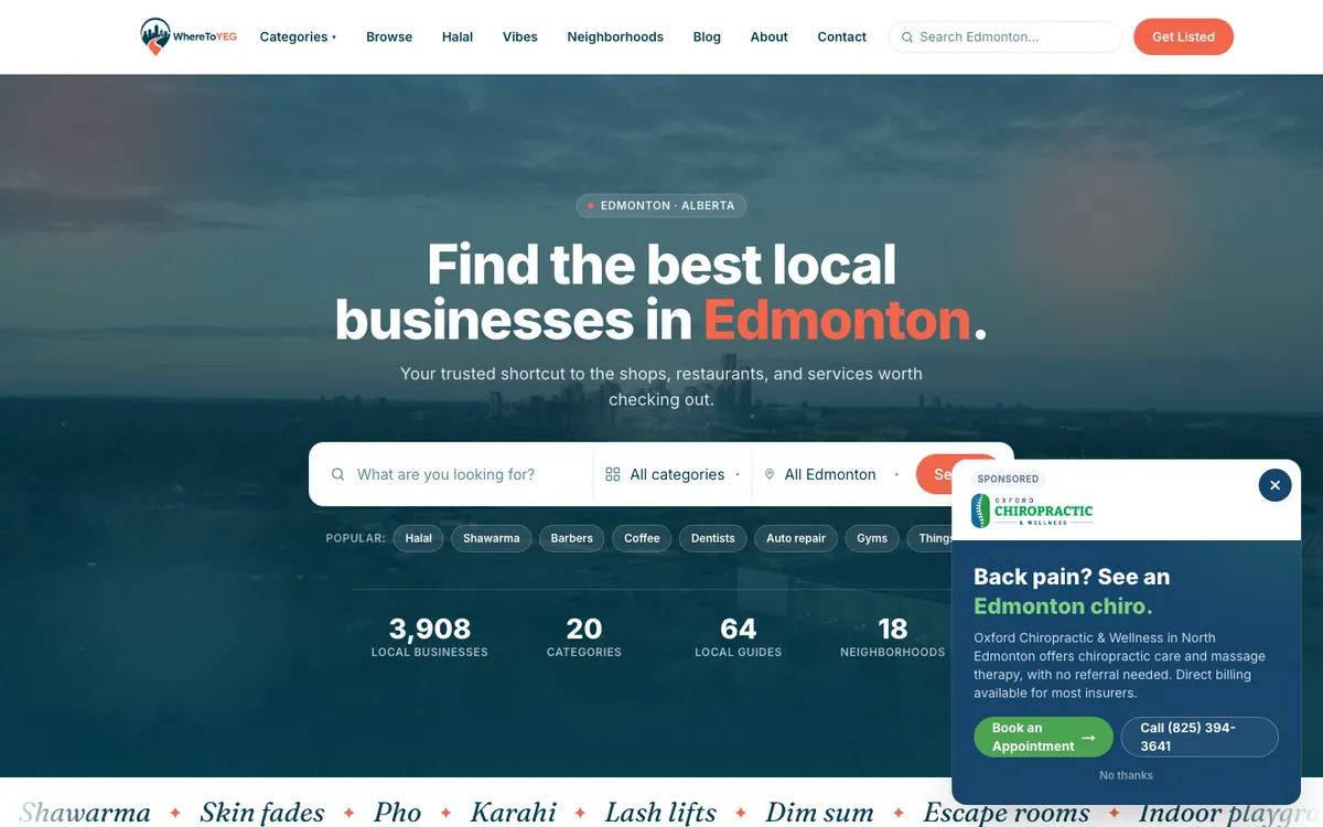 Homepage of wheretoyeg.ca, an Edmonton local business directory built and run by OnePoint